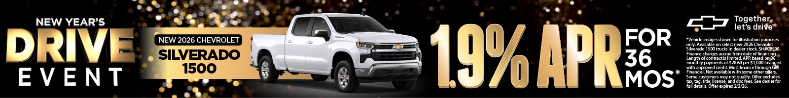 New 2026 Chevrolet Silverado 1500	1.9% APR for 36 months* 