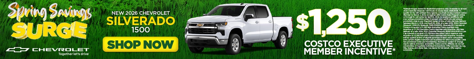 New 2026 Chevrolet Silverado 1500	"1,250 Costco Executive Member Incentive* OR $1,000 Costco Non-Exe